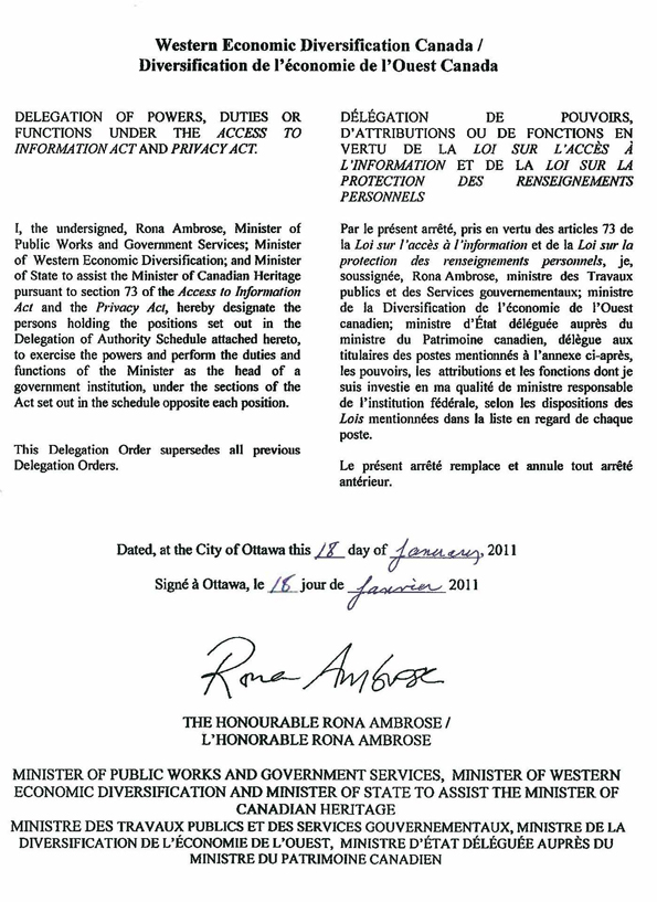 Scanned image of Delegation Order for the Access to Information Act and Privacy Act. 